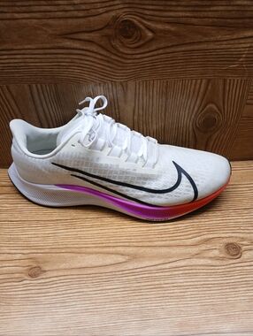 Nike Men's White Running Sneakers with Black Swoosh and Pink-Orange Gradient